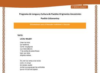 Orientaciones al docente - LC01 - Lickanantay - U4 - Textos: Licau/Mujer