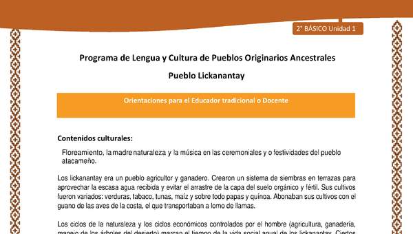 Orientaciones al docente - LC02 - Lickanantay - U1 - Contenidos culturales