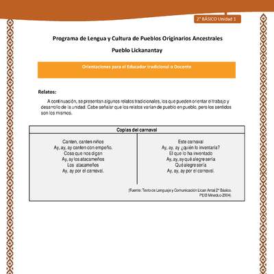 Orientaciones al docente - LC02 - Lickanantay - U1 - Coplas del carnaval