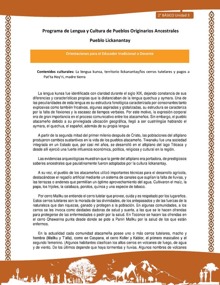 Orientaciones al docente - LC02 - Lickanantay - U3 - Contenidos culturales