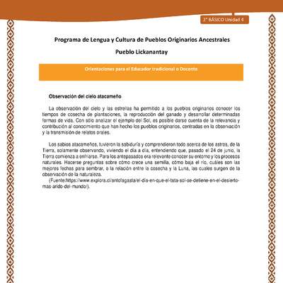 Orientaciones al docente - LC02 - Lickanantay - U4 - Observación del cielo atacameño Orientaciones al docente - LC02 - Lickanantay - U4 - Observación del cielo atacameño