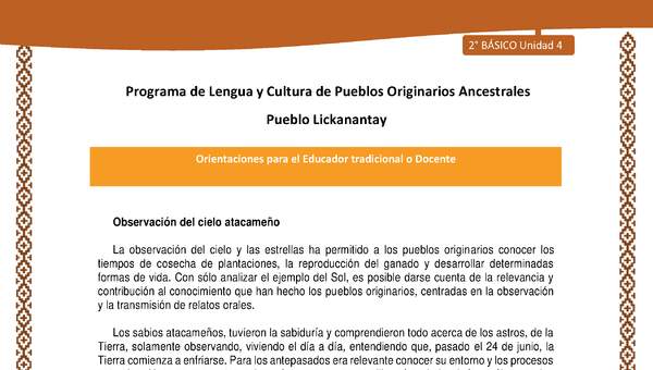 Orientaciones al docente - LC02 - Lickanantay - U4 - Observación del cielo atacameño