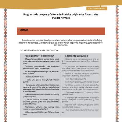 Orientaciones al docente - LC01 - Aymara - U01 - Relato sobre la siembra y la cosecha