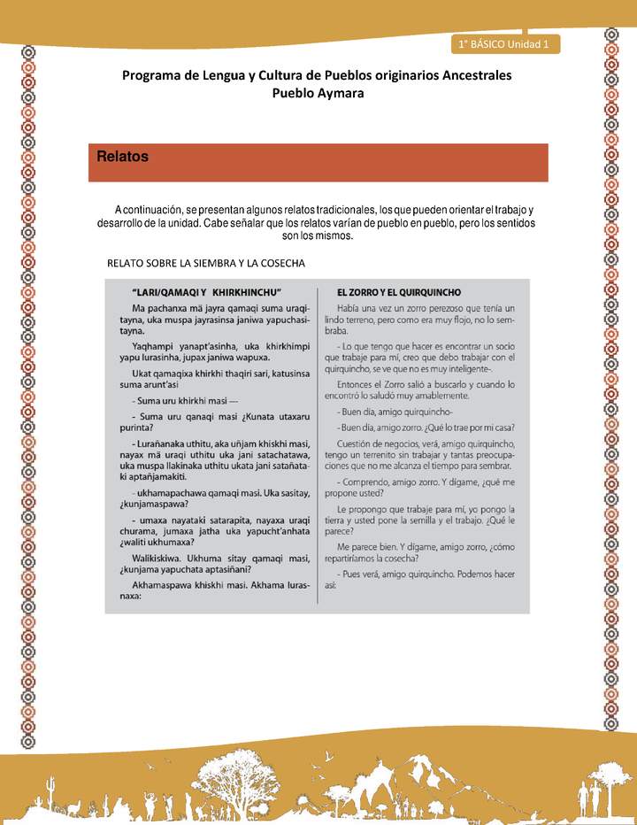 Orientaciones al docente - LC01 - Aymara - U01 - Relato sobre la siembra y la cosecha