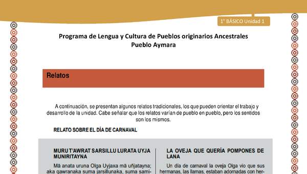 Relato sobre el día de carnaval - Lengua y cultura de los pueblos Originarios Ancestrales 1º básico - Pueblo Aymara - Unidad 1