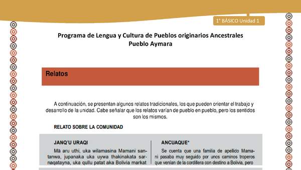 Relato sobre la comunidad - Lengua y cultura de los pueblos Originarios Ancestrales 1º básico - Pueblo Aymara - Unidad 1