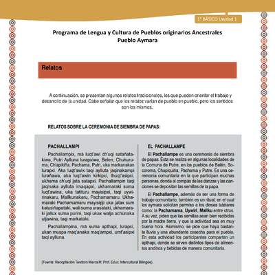 Relato sobre ceremonia de siembra de papas - Lengua y cultura de los pueblos Originarios Ancestrales 1º básico - Pueblo Aymara - Unidad 1