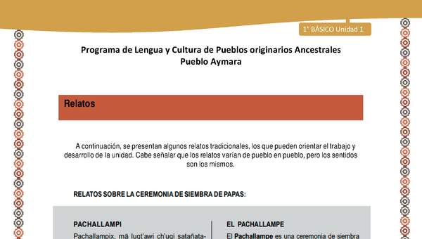 Relato sobre ceremonia de siembra de papas - Lengua y cultura de los pueblos Originarios Ancestrales 1º básico - Pueblo Aymara - Unidad 1