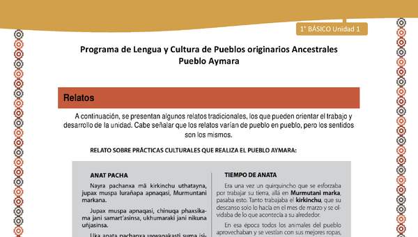 Relato sobre Prácticas culturales que realiza el pueblo Aymara - Lengua y cultura de los pueblos Originarios Ancestrales 1º básico - Pueblo Aymara - Unidad 1