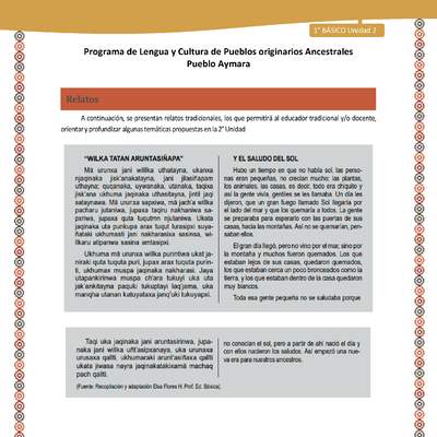 Relato Y el saludo del sol - Lengua y cultura de los pueblos Originarios Ancestrales 1º básico -  Aymara - Unidad 2