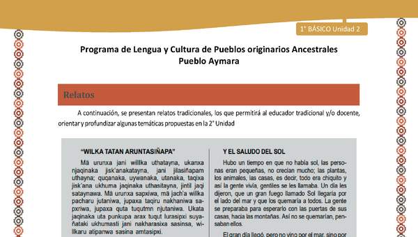 Relato Y el saludo del sol - Lengua y cultura de los pueblos Originarios Ancestrales 1º básico -  Aymara - Unidad 2