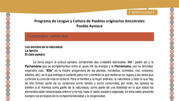 Contenidos culturales - Lengua y cultura de los pueblos Originarios Ancestrales 1º básico -  Aymara - Unidad 2