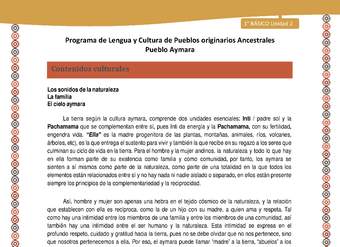 Contenidos culturales - Lengua y cultura de los pueblos Originarios Ancestrales 1º básico -  Aymara - Unidad 2