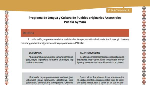 Relato El arte rupestre - Lengua y cultura de los pueblos Originarios Ancestrales 1º básico -  Aymara - Unidad 2