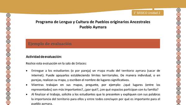 Ejemplo de evaluación - Lengua y cultura de los pueblos Originarios Ancestrales 1º básico -  Aymara - Unidad 2