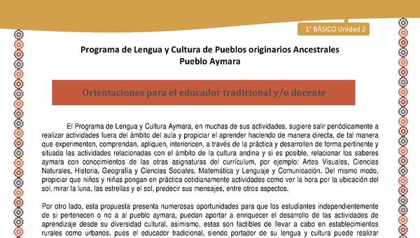 Orientaciones - Lengua y cultura de los pueblos Originarios Ancestrales 1º básico -  Aymara - Unidad 2