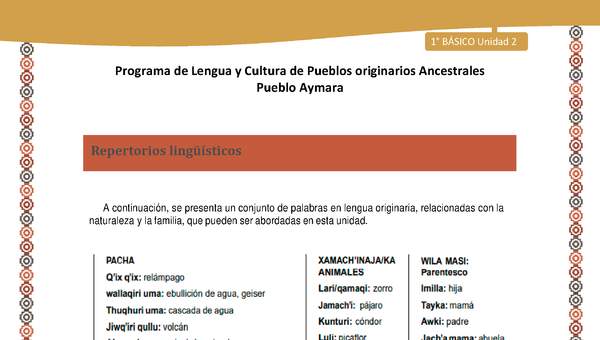 Repertorios lingüísticos - Lengua y cultura de los pueblos Originarios Ancestrales 1º básico -  Aymara - Unidad 2