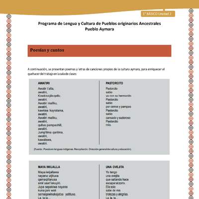 Poesías y cantos - Lengua y cultura de los pueblos Originarios Ancestrales 1º básico -  Aymara - Unidad 2