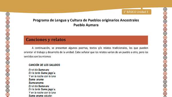 Canciones y relatos - Lengua y cultura de los pueblos Originarios Ancestrales 1º básico -  Aymara - Unidad 3