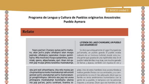 Relato Leyenda del lago Chungará - Lengua y cultura de los pueblos Originarios Ancestrales 1º básico -  Aymara - Unidad 3