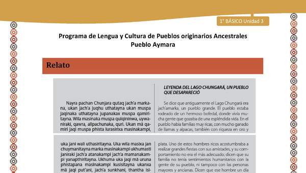Relato Leyenda del lago Chungará - Lengua y cultura de los pueblos Originarios Ancestrales 1º básico -  Aymara - Unidad 3