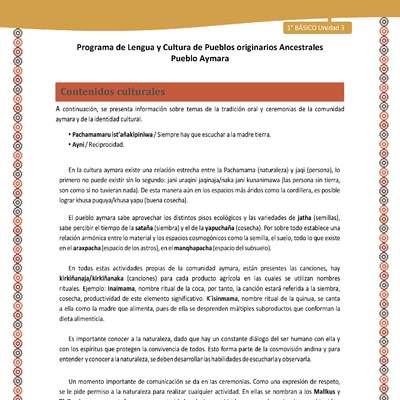 Contenidos culturales - Lengua y cultura de los pueblos Originarios Ancestrales 1º básico -  Aymara - Unidad 3