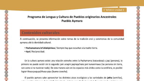 Contenidos culturales - Lengua y cultura de los pueblos Originarios Ancestrales 1º básico -  Aymara - Unidad 3