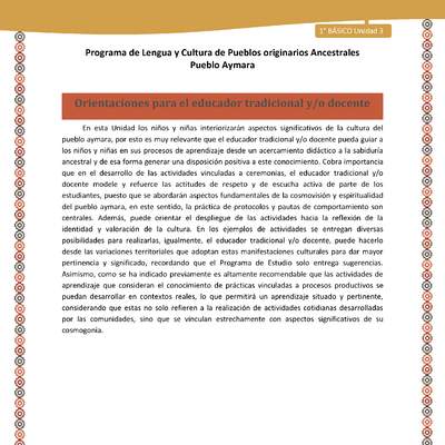 Orientaciones - Lengua y cultura de los pueblos Originarios Ancestrales 1º básico -  Aymara - Unidad 3