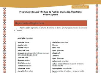 Repertorios lingüísticos - Lengua y cultura de los pueblos Originarios Ancestrales 1º básico -  Aymara - Unidad 3