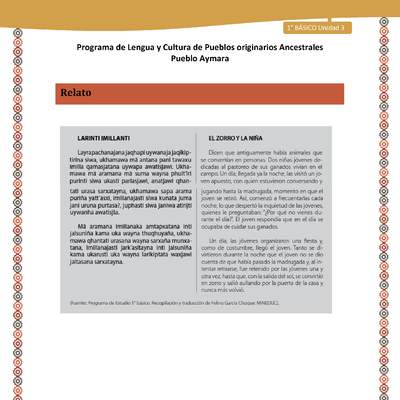 Relato El zorro y la niña - Lengua y cultura de los pueblos Originarios Ancestrales 1º básico -  Aymara - Unidad 3