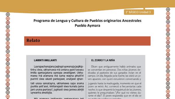 Relato El zorro y la niña - Lengua y cultura de los pueblos Originarios Ancestrales 1º básico -  Aymara - Unidad 3