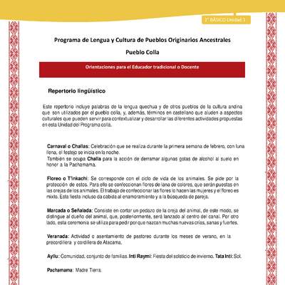 Orientaciones al docente - LC02 - Colla - U1 - Repertorio lingüístico