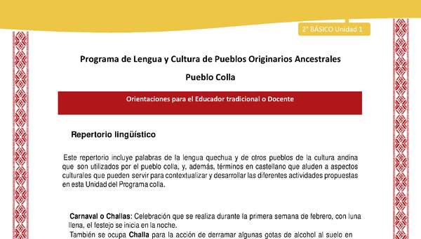 Orientaciones al docente - LC02 - Colla - U1 - Repertorio lingüístico