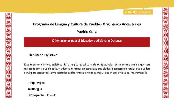 Orientaciones al docente - LC02 - Colla - U2 - Repertorio lingüístico