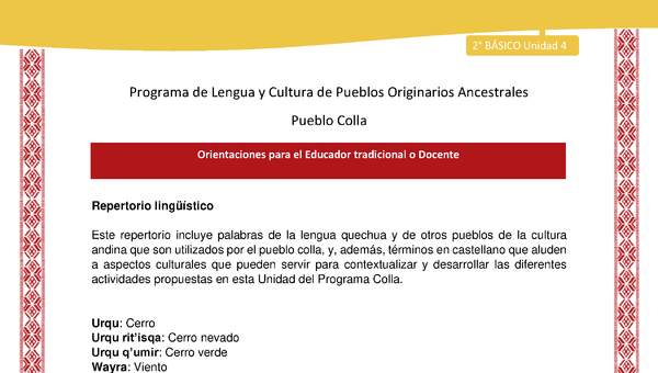 Orientaciones al docente - LC02 - Colla - U4 - Repertorio lingüístico