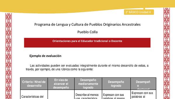 Orientaciones al docente - LC02 - Colla - U4 - Ejemplo de evaluación