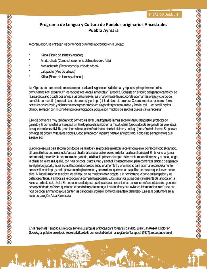 Orientaciones al docente - LC02 - Aymara - U01 - Contenidos culturales