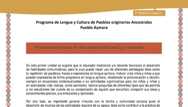 Orientaciones al docente - LC02 - Aymara - U01 - Introducción