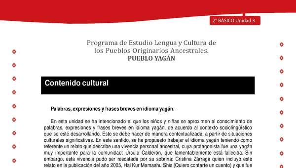 Contenido cultural: Palabras, expresiones y frases breves en idioma yagán