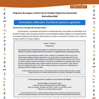 Contenidos culturales: Territorio aymara y quechua