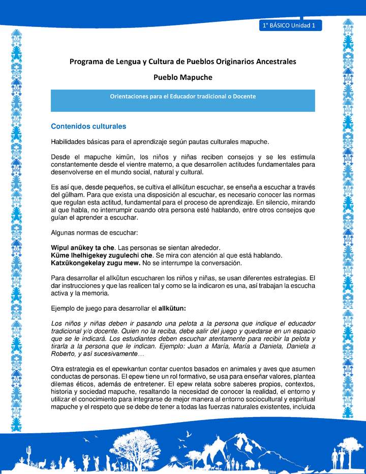 Orientaciones al docente - LC01 - Mapuche - U1 - Contenidos culturales