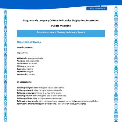 Orientaciones al docente - LC01 - Mapuche - U1 - Repertorio sintáctico