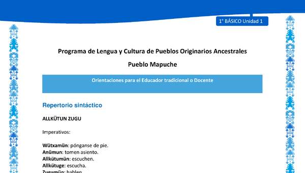 Orientaciones al docente - LC01 - Mapuche - U1 - Repertorio sintáctico