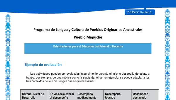 Orientaciones al docente - LC01 - Mapuche - U1 - Ejemplo de evaluación