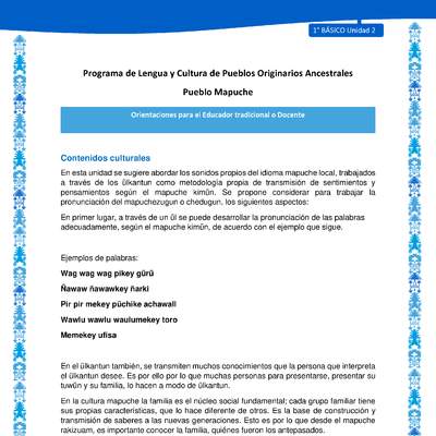 Orientaciones al docente - LC01 - Mapuche - U2 - Contenidos culturales Orientaciones al docente - LC01 - Mapuche - U2 - Contenidos culturales
