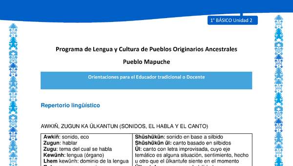 Orientaciones al docente - LC01 - Mapuche - U2 - Repertorio lingüístico