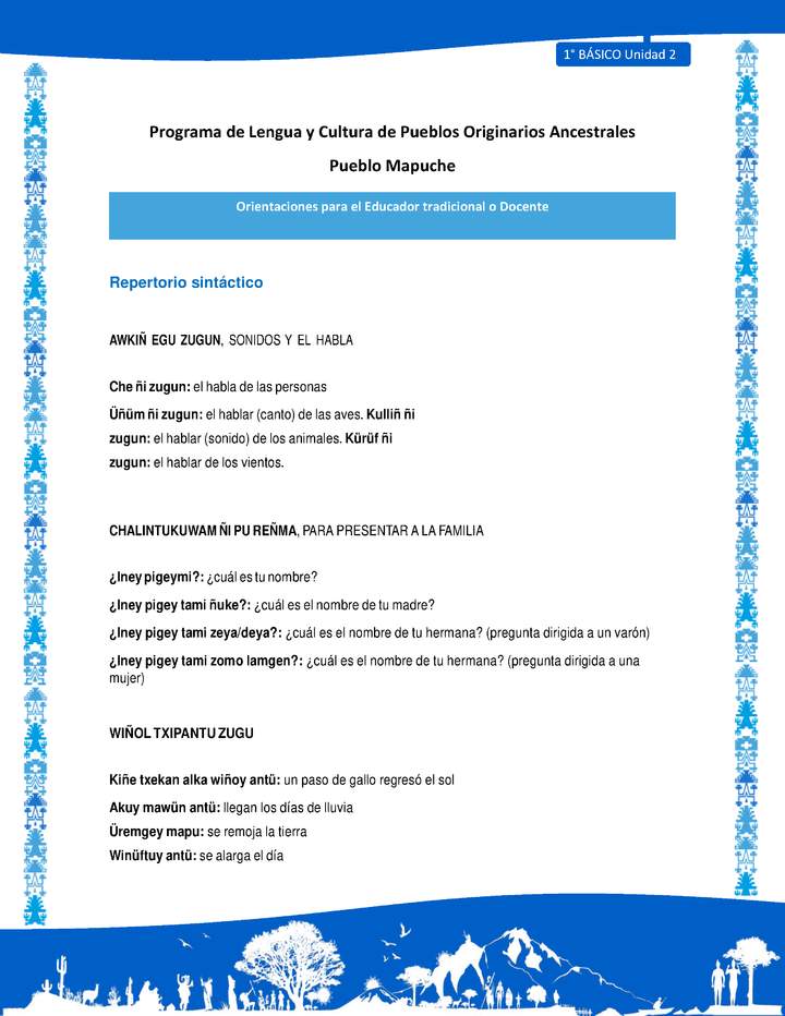 Orientaciones al docente - LC01 - Mapuche - U2 - Repertorio sintáctico