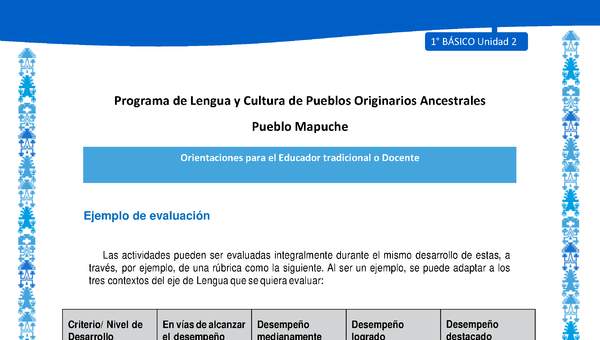 Orientaciones al docente - LC01 - Mapuche - U2 - Ejemplo de evaluación