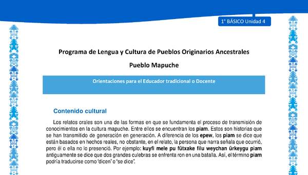 Orientaciones al docente - LC01 - Mapuche - U4 - Contenido cultural