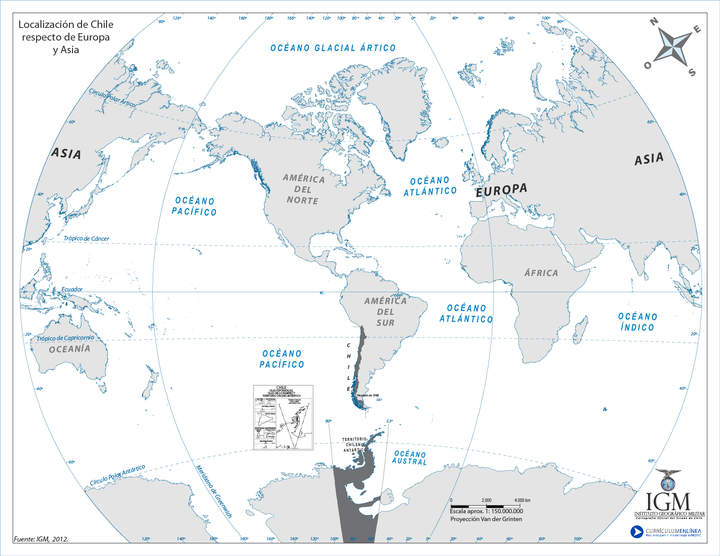 Localización de Chile respecto de Europa y Asia